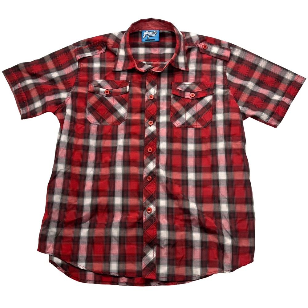Seventy Seven Mens Large Red Black Plaid Short Sleeve Button Down Shirt Epaulets